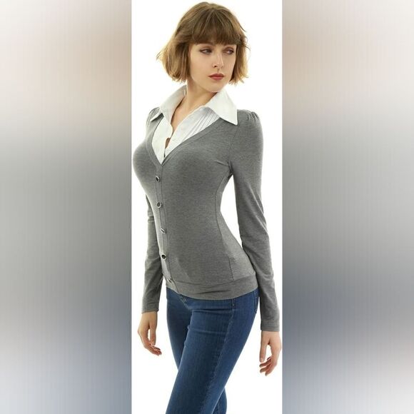 AmélieBoutik Women Shirt Collar Pleated 2 in 1 Style Pullover Blouse Top Gray S - Picture 1 of 12